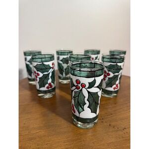 Set of 8 Vintage Holly Berry Christmas Tumbler Glasses Festive Holiday Drinkware